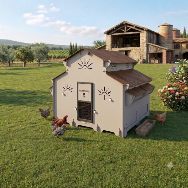 Grande Pollaio fino a 24 galline ovaiole con 4 nidi interni rialzati inclinati e cassetto raccolta uova esterno POLLY FARM FAMILY 5XL LIGHT GREY - immagine 3