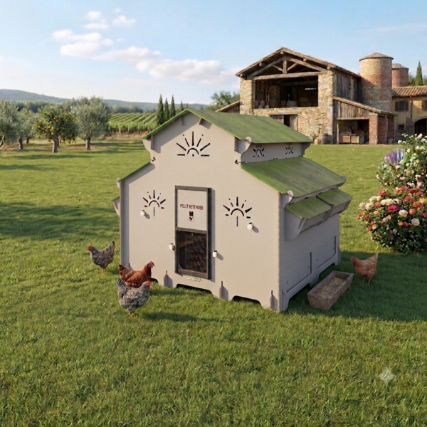 Grande Pollaio fino a 24 galline ovaiole con 4 nidi interni rialzati inclinati e cassetto raccolta uova esterno POLLY FARM FAMILY 5XL LIGHT GREY - immagine 3