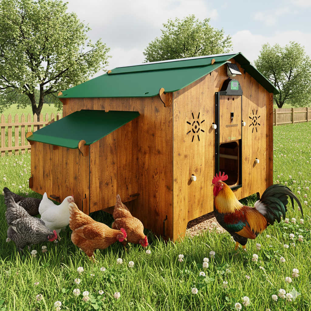 最大24羽の産卵鶏を飼育できる大型鶏小屋。外部巣4つと止まり木4つ付き